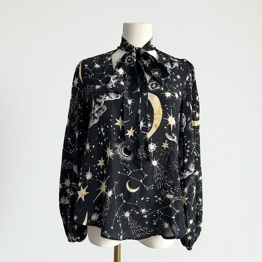 RIXO London Celestial Star & Moon Silk Neck Tie Blouse Womens XS